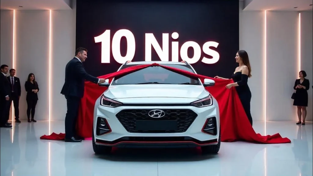 Hyundai Grand i10 Nios 2025 front three-quarter view showcasing premium hatchback design with modern styling