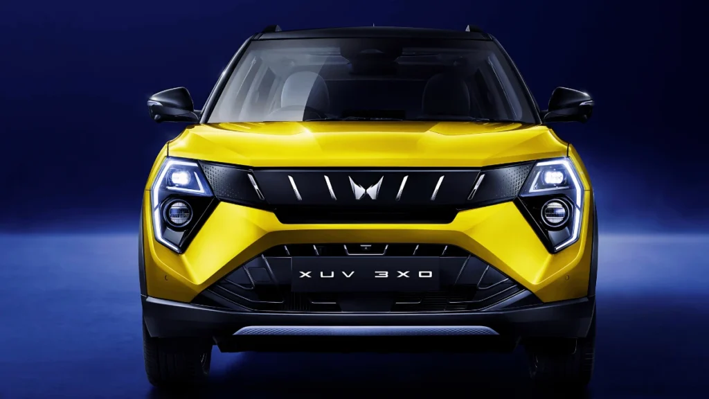 Mahindra XUV 3XO 2025 front view showing premium SUV design with modern LED headlights and panoramic sunroof