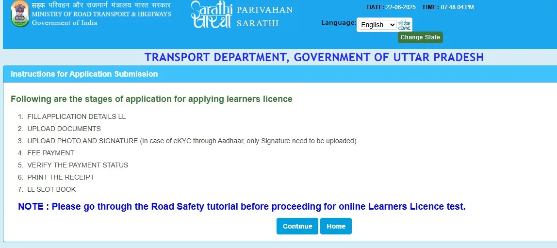 Screenshot of driving licence online apply on Parivahan Sewa